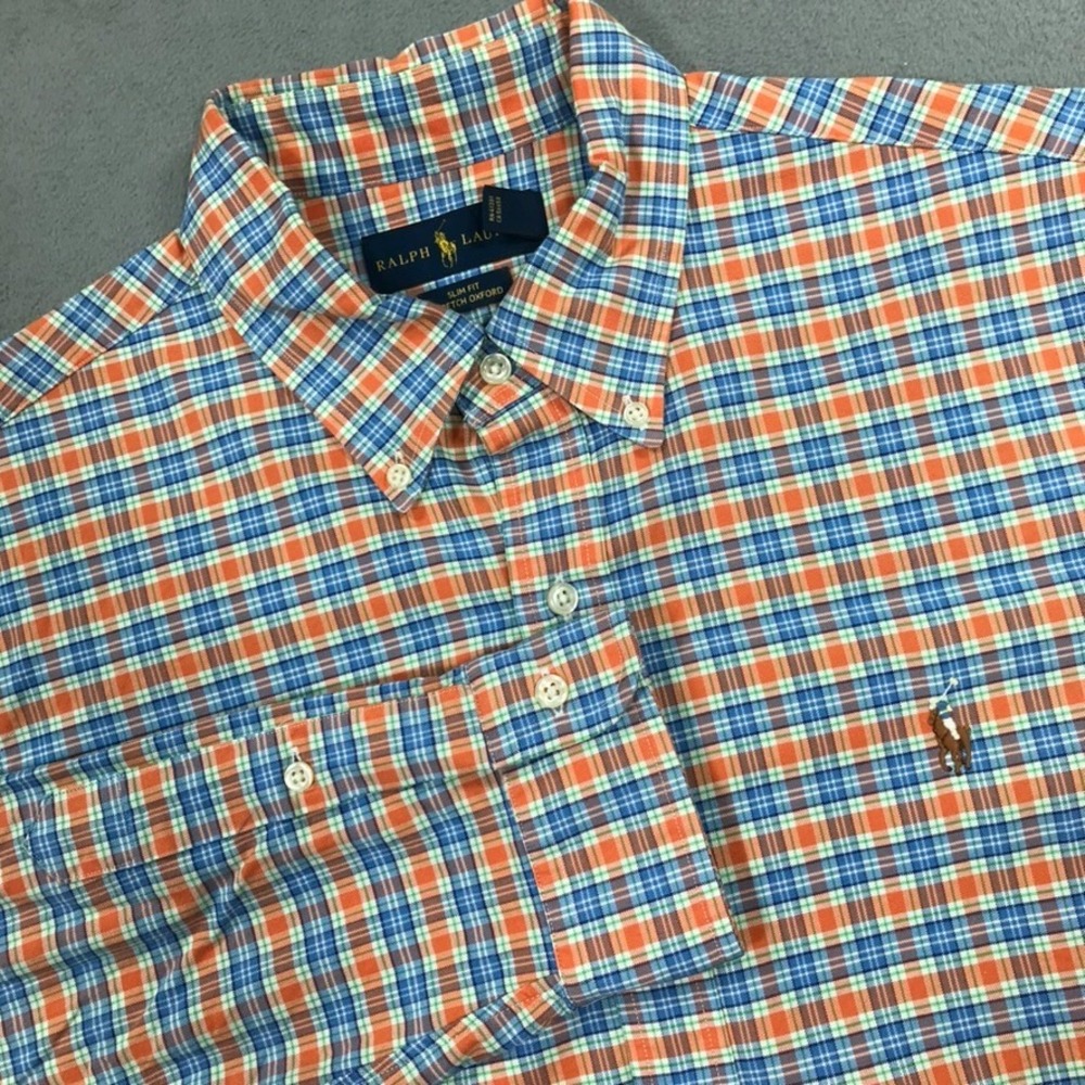 Ralph Lauren Button Down Shirt Men's Large Orange Blue Plaid Stretch Oxford Slim